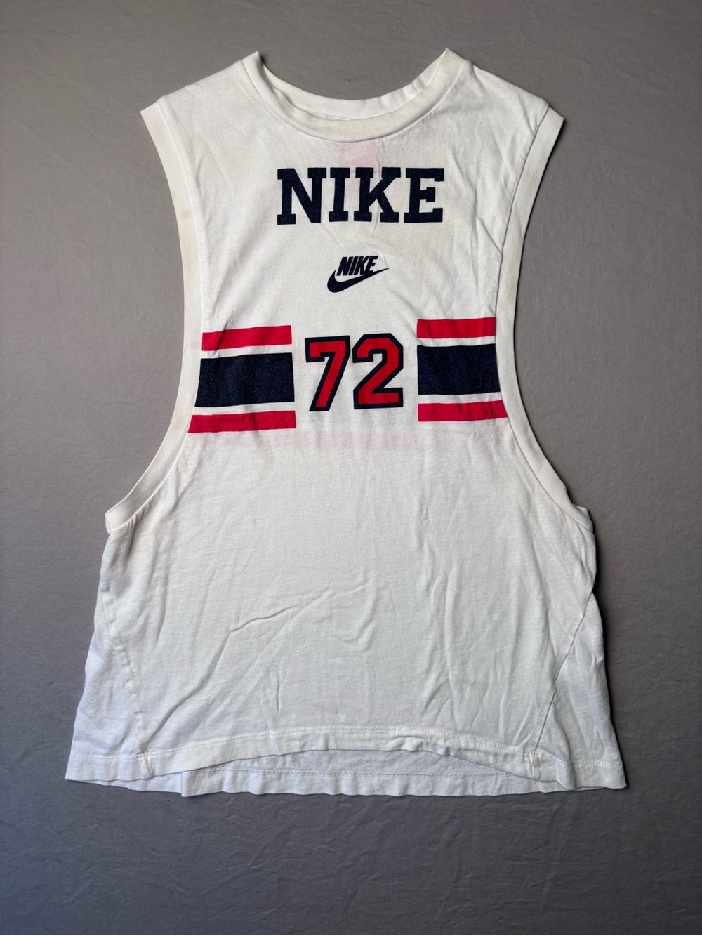 Nike Women’s White Sleeveless Graphic Tank with Red & Navy Accents